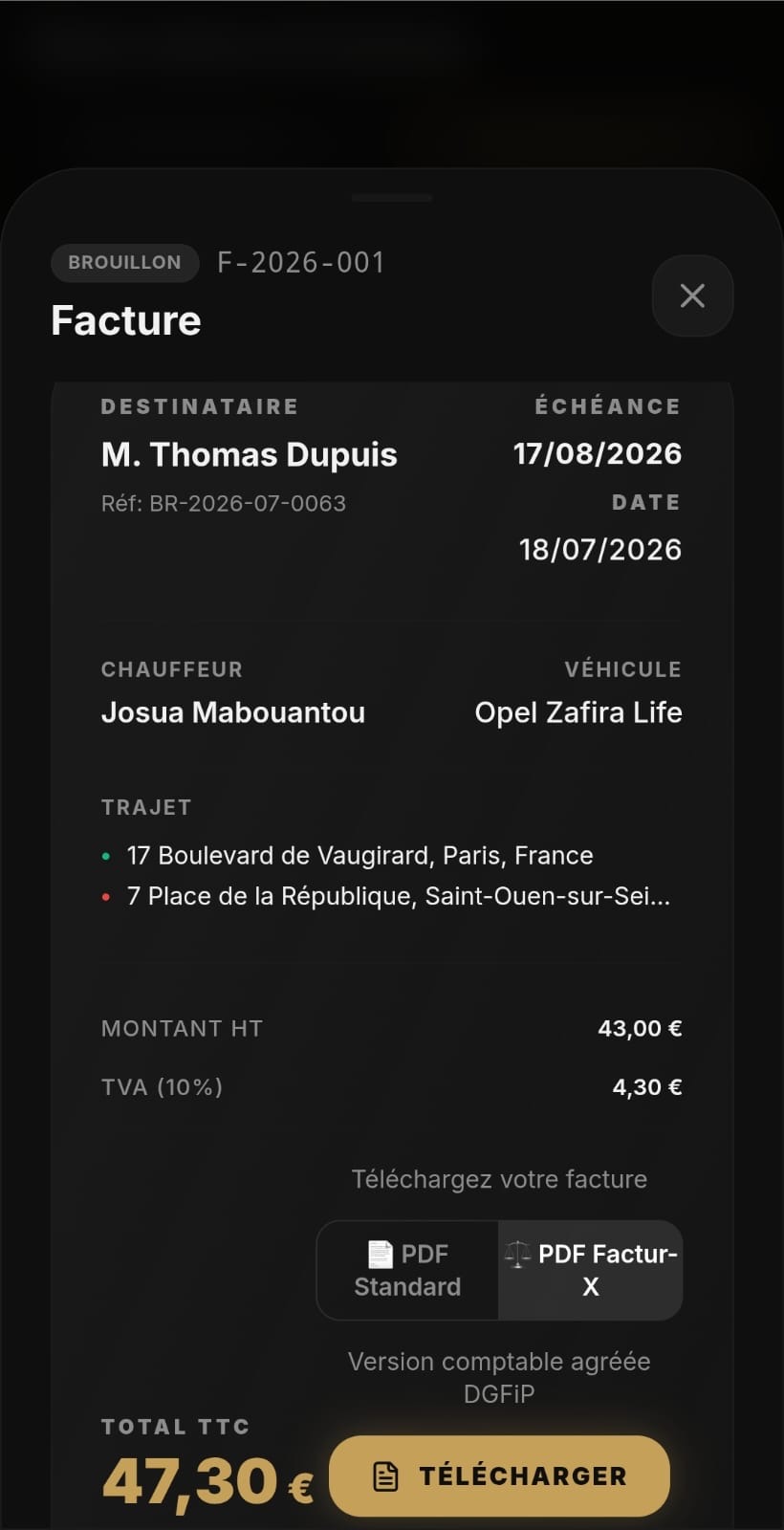 Tableau de bord NoX VTC